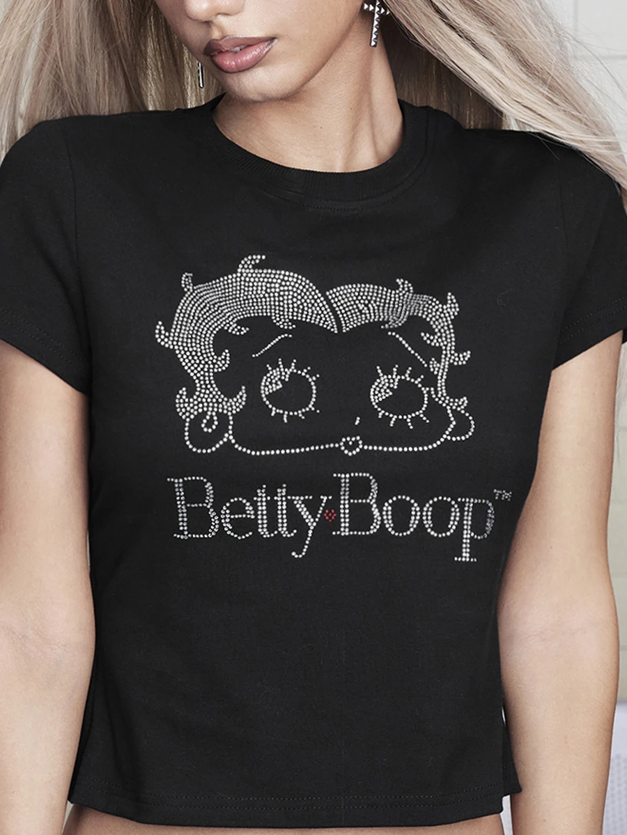 Betty Boop | ROMWE Plus Size Women's Letter Rhinestone Casual Versatile Daily Short Sleeve T-Shirt - Black - View 1