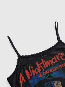 A Nightmare on Elm Street X ROMWE IP Co-Branded Horror Movie Print Mesh Spaghetti Strap Plus Size Dress - Black - View 3