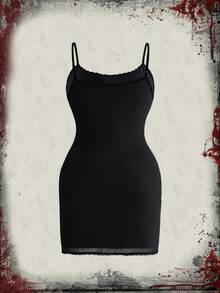A Nightmare on Elm Street X ROMWE IP Co-Branded Horror Movie Print Mesh Spaghetti Strap Plus Size Dress - Black - View 2