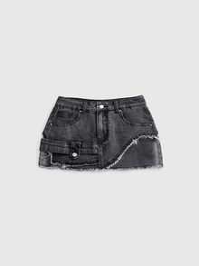 ROMWE Y2K 90s 80s Street Style Asymmetrical Deconstructed Raw Hem Sexy Plus Size Denim Mini Skirt (Built-In Leggings) Going Out Evening Formal Grey Autumn - Dark Grey - View 2