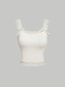 SHEIN MOD Beige Lace Trimmed Jacquard Texture Tank Top Decorated With Ribbon Bowknot And Silky Ribbons - Apricot - View 1