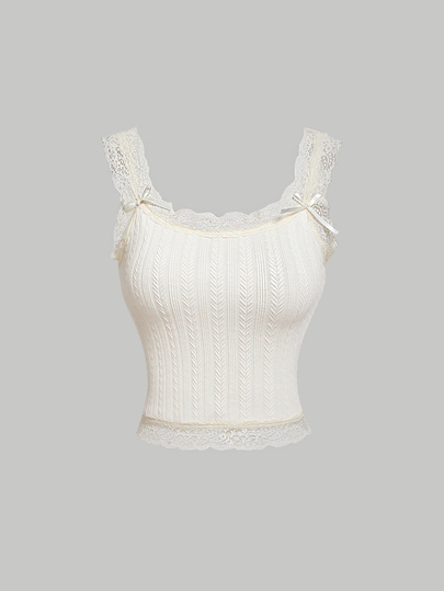 SHEIN MOD Beige Lace Trimmed Jacquard Texture Tank Top Decorated With Ribbon Bowknot And Silky Ribbons