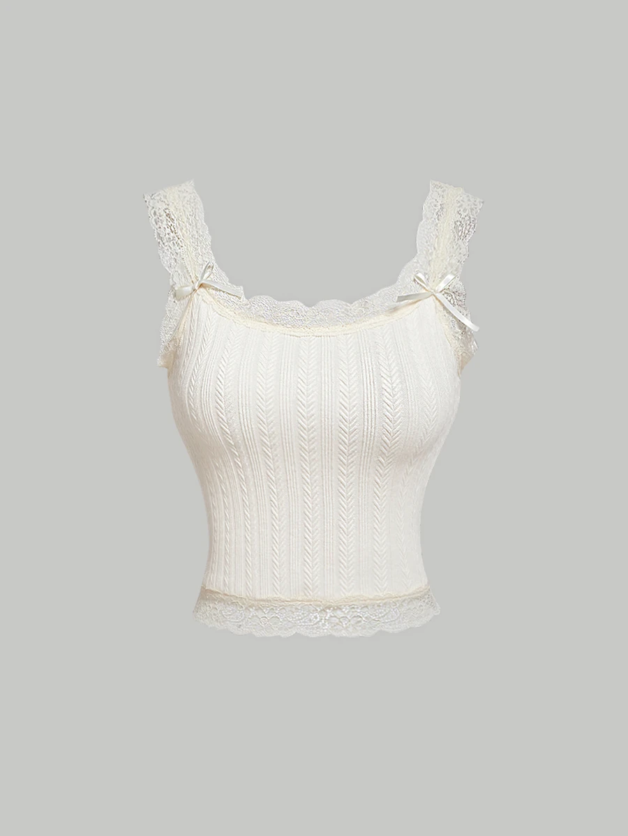 SHEIN MOD Beige Lace Trimmed Jacquard Texture Tank Top Decorated With Ribbon Bowknot And Silky Ribbons - Apricot - View 1