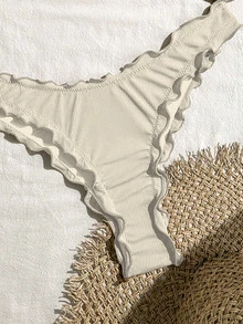 SHEIN Swim Women's Solid Color Sexy Ruffled Trim Bikini Set, Perfect For Vacation For Summer - Beige - View 5