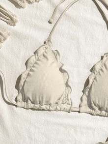 SHEIN Swim Women's Solid Color Sexy Ruffled Trim Bikini Set, Perfect For Vacation For Summer - Beige - View 4