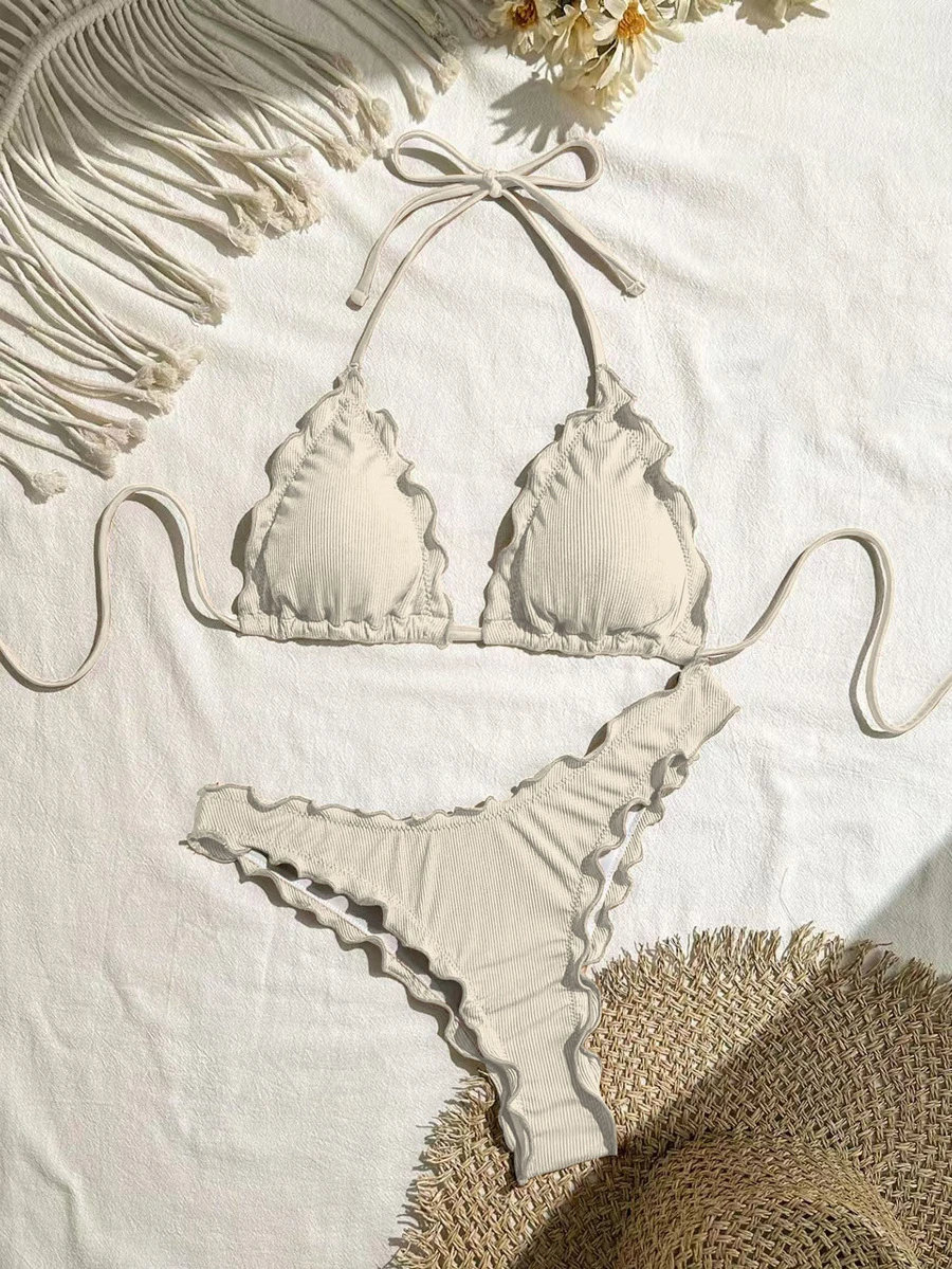 SHEIN Swim Women's Solid Color Sexy Ruffled Trim Bikini Set, Perfect For Vacation For Summer