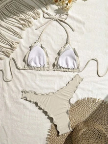SHEIN Swim Women's Solid Color Sexy Ruffled Trim Bikini Set, Perfect For Vacation For Summer - Beige - View 3
