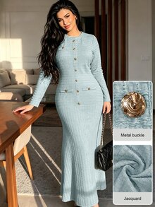 Modelyn فستان سهرة أنيق للنساء مقاس كبير، طويل للخريف، بياقة دائرية وأزرار معدنية وأكمام طويلة بنقشة جاكار - الأزرق - مشاهدة 4