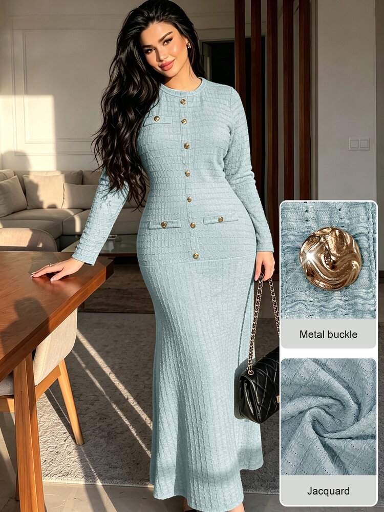 Modelyn فستان سهرة أنيق للنساء مقاس كبير، طويل للخريف، بياقة دائرية وأزرار معدنية وأكمام طويلة بنقشة جاكار - الأزرق - مشاهدة 3