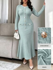 Modelyn فستان سهرة أنيق للنساء مقاس كبير، طويل للخريف، بياقة دائرية وأزرار معدنية وأكمام طويلة بنقشة جاكار - الأزرق - مشاهدة 2