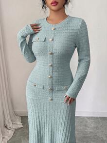 Modelyn فستان سهرة أنيق للنساء مقاس كبير، طويل للخريف، بياقة دائرية وأزرار معدنية وأكمام طويلة بنقشة جاكار - الأزرق - مشاهدة 9