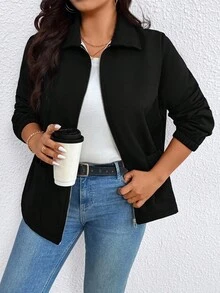 EMERY ROSE Women's Plus Size Popular Fuzzy Contrast Color Thermal Lined Casual Comfortable Pocket Zipper Jacket, Autumn/Winter Fall Cloth For Women - Black - View 4