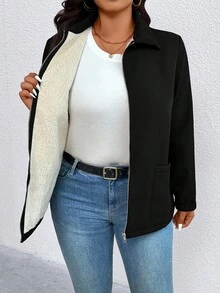 EMERY ROSE Women's Plus Size Popular Fuzzy Contrast Color Thermal Lined Casual Comfortable Pocket Zipper Jacket, Autumn/Winter Fall Cloth For Women - Black - View 7