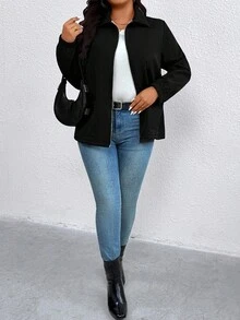 EMERY ROSE Women's Plus Size Popular Fuzzy Contrast Color Thermal Lined Casual Comfortable Pocket Zipper Jacket, Autumn/Winter Fall Cloth For Women - Black - View 8