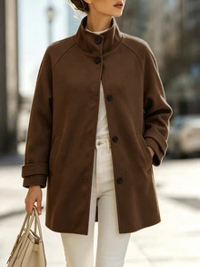 SHEIN Women Stand Collar Button Down Coat, Raglan Sleeve Mid‑Length Outerwear , Loose Warm Jacket For Spri - Brown - View 4