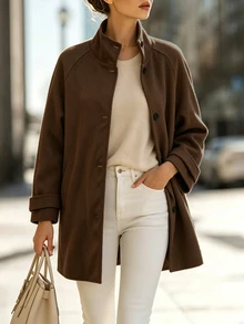 SHEIN Women Stand Collar Button Down Coat, Raglan Sleeve Mid‑Length Outerwear , Loose Warm Jacket For Spri - Brown - View 5