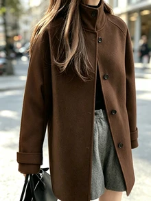 SHEIN Women Stand Collar Button Down Coat, Raglan Sleeve Mid‑Length Outerwear , Loose Warm Jacket For Spri - Brown - View 2