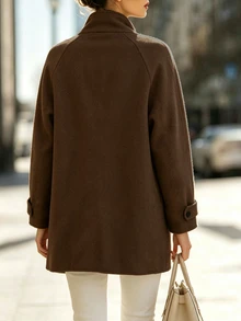 SHEIN Women Stand Collar Button Down Coat, Raglan Sleeve Mid‑Length Outerwear , Loose Warm Jacket For Spri - Brown - View 3