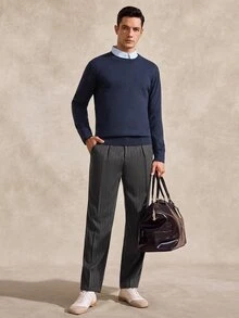 Courvante Men's Vintage Vertical Striped Straight Leg Mid-Waist Business Casual Office Dress Pants Fall - Dark Gray - View 2