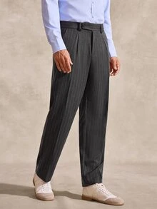 Courvante Men's Vintage Vertical Striped Straight Leg Mid-Waist Business Casual Office Dress Pants Fall - Dark Gray - View 5