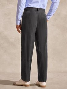 Courvante Men's Vintage Vertical Striped Straight Leg Mid-Waist Business Casual Office Dress Pants Fall - Dark Gray - View 3