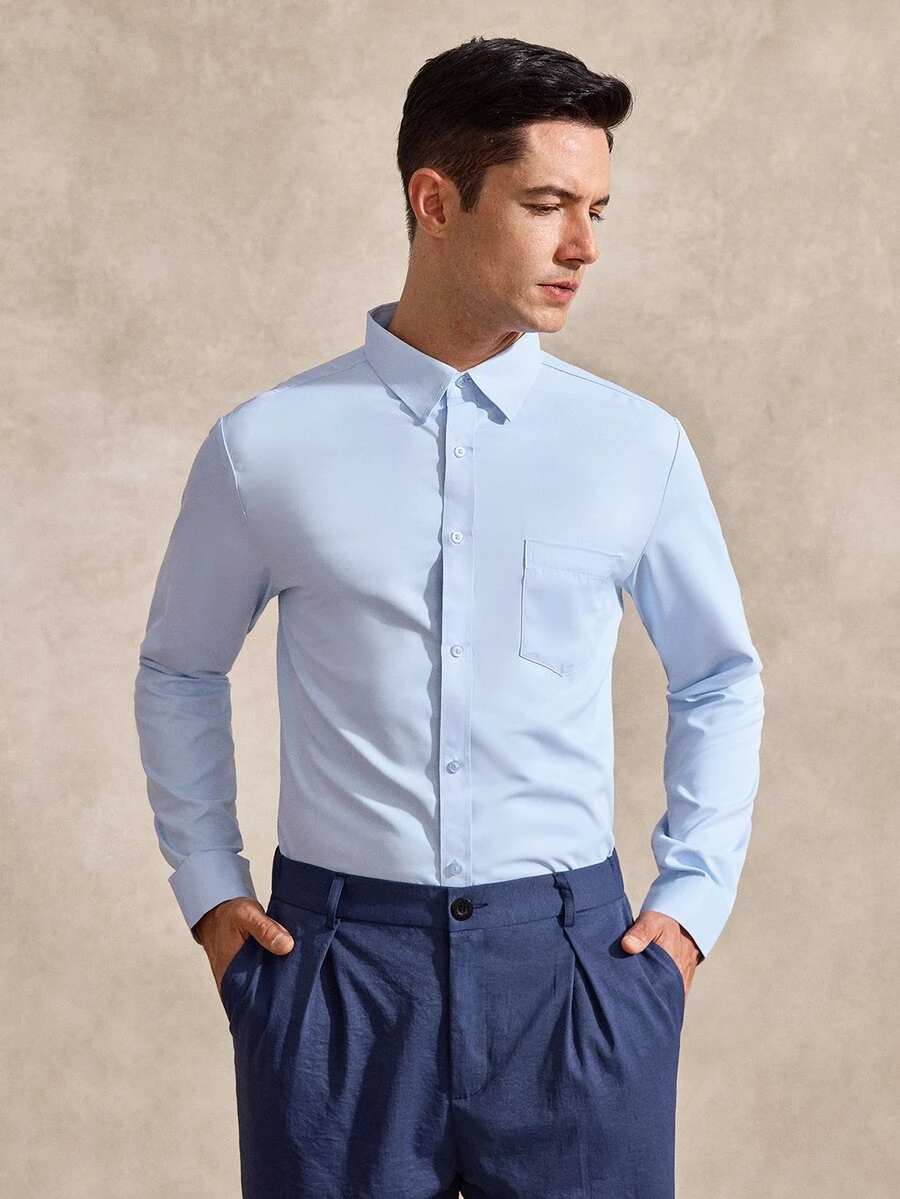 Courvante Men's Solid Color Pocket Long Sleeve Casual Dress Formal Shirt, Spring And Autumn, Men Light Blue Button Down Baby Sky Business For Fall, Ceremony Daily Commute Winter Office Blue - Pure Blue - View 1