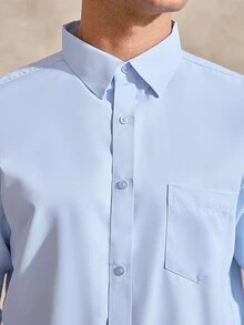Courvante 男士純色口袋長袖休閒正裝襯衫，春秋款，淺藍色鈕扣式商務襯衫，適合秋季、儀式、日常通勤、冬季辦公 - 純藍 - 查看 6