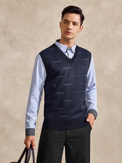 Courvante Men's V-Neck Casual Striped Knit Sweater Vest With Thermal Lined, Autumn/Winter Thermal Lined Top, Holiday Fall