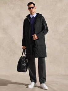 Courvante Men's Solid Color Minimalist Casual Hooded Long Sleeve Thermal Lined Winter Coat , Fall, Puffer Business Daily Commute‌ - Black - View 2
