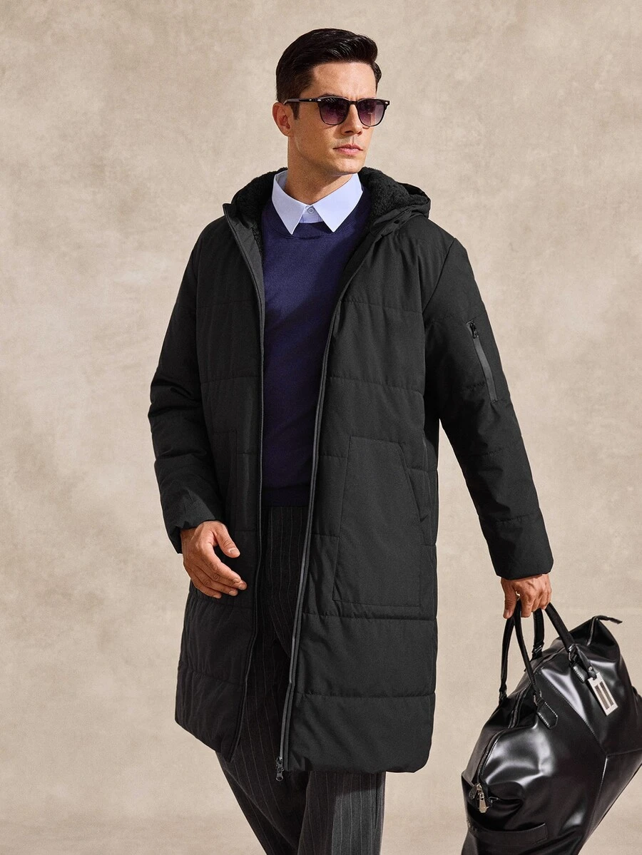 Courvante Men's Solid Color Minimalist Casual Hooded Long Sleeve Thermal Lined Winter Coat , Fall, Puffer Business Daily Commute - Black - View 1