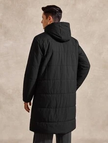 Courvante Men's Solid Color Minimalist Casual Hooded Long Sleeve Thermal Lined Winter Coat , Fall, Puffer Business Daily Commute‌ - Black - View 3