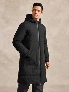 Courvante Men's Solid Color Minimalist Casual Hooded Long Sleeve Thermal Lined Winter Coat , Fall, Puffer Business Daily Commute‌ - Black - View 5