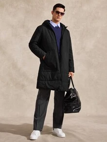 Courvante Men's Solid Color Minimalist Casual Hooded Long Sleeve Thermal Lined Winter Coat , Fall, Puffer Business Daily Commute‌ - Black - View 9