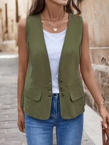 EMERY ROSE Women's Linen & Cotton Blended Vest Jacket With Traceable Cotton Pocket Decoration - Green - View 6