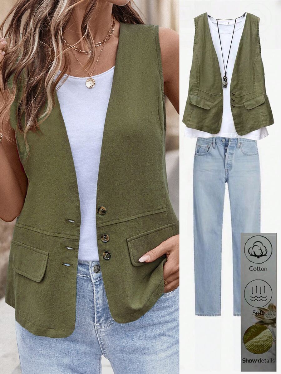 EMERY ROSE Women's Linen & Cotton Blended Vest Jacket With Traceable Cotton Pocket Decoration - Green - View 1