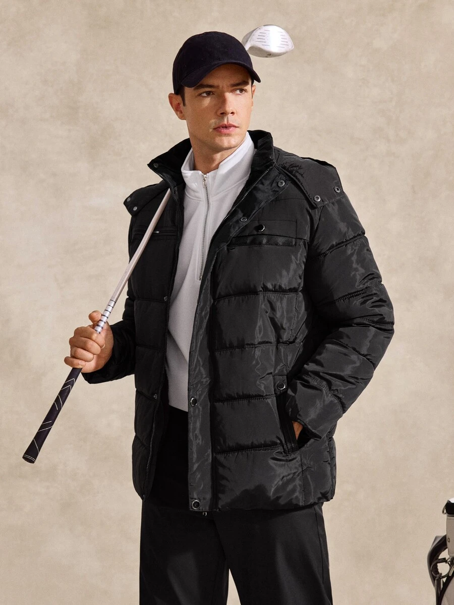 Courvante Men Long Sleeve Solid Color Thermal Lined Full Zip Hooded Padded Coat, Winter Puffer Winter Coat, For Fall Business Daily Commute‌ - Black - View 1