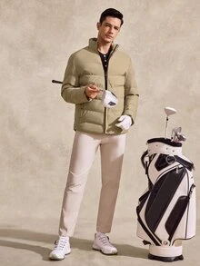 Courvante 男士寬鬆版型純色拉鍊外套，適合冬季與秋季，蓬鬆商務日常通勤長袖外套 - 卡其色 - 查看 8