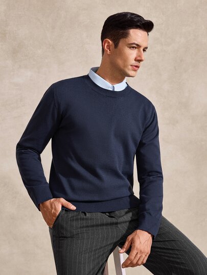 Courvante Suéter casual de manga larga con cuello redondo de unicolor para hombre, otoño/invierno