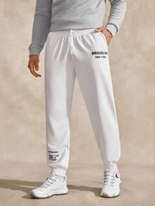 Courvante Loose Fit Men's Sweatpants With Slogan Graphic And Drawstring Waist Sweatpants Letter Plain Urban Fashion Joggers - White - View 6