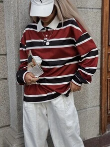 EMERY ROSE 女士时尚宽松 Polo 衫，有领，撞色条纹印花和纽扣开合长袖 T 恤，图案 T 恤，女式上衣，适合春秋季穿着 - 彩色 - 查看 5