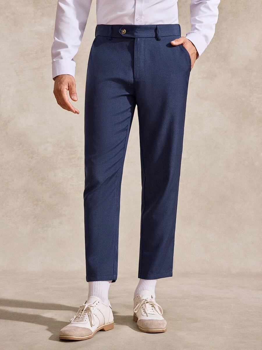 Courvante Men's Solid Color Front Button Pocket Casual Business Formal Pants, Minimalist Design, Old Money Style, Ceremony Daily Commute Fall - Navy Blue - View 1