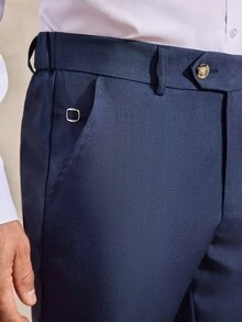 Courvante 男士純色前開扣口袋休閒商務正裝長褲，極簡設計，老錢風，適合儀式、日常通勤 - 藏蓝色 - 查看 4