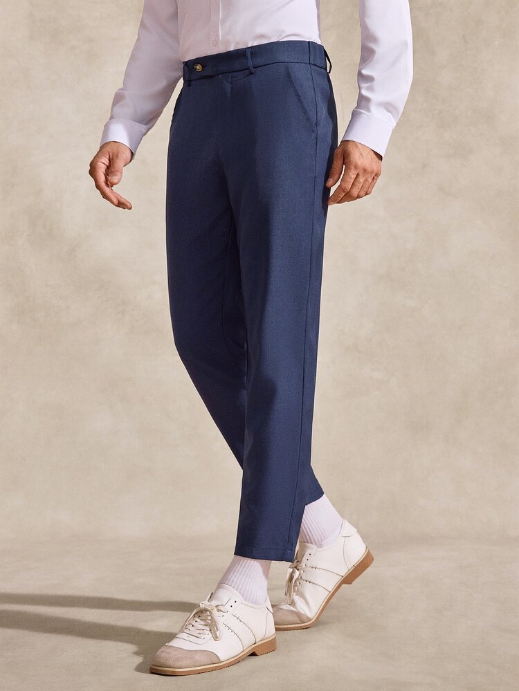Courvante Men's Solid Color Front Button Pocket Casual Business Formal Pants, Minimalist Design, Old Money Style, Ceremony Daily Commute - Navy Blue - View 6
