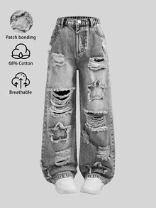 Celana Jeans Kasual Gaya Retro Streetwear Era 90-an untuk Remaja Perempuan: Abu-abu Keren, Liburan Musim Panas di Kota, Biru Pudar, Sobek, Patch Bordir Bintang Lima, Potongan Lurus - Grey - View 4