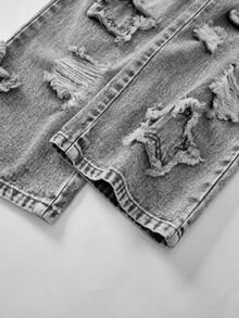 Celana Jeans Kasual Gaya Retro Streetwear Era 90-an untuk Remaja Perempuan: Abu-abu Keren, Liburan Musim Panas di Kota, Biru Pudar, Sobek, Patch Bordir Bintang Lima, Potongan Lurus - Grey - View 8