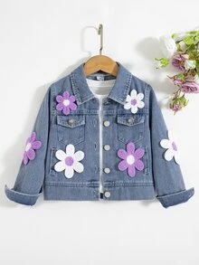 SHEIN Genkimix Kids 1件女款甜美可愛風水洗藍色斜紋織布3D毛巾刺繡白色與紫色對比大花飾領單排扣胸袋開襟長袖短夾克，適中厚度寬鬆版型，適合日常外出、返校、購物、旅行、聚會，春秋穿搭百搭外套 - 藍色 - 查看 3