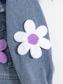 SHEIN Genkimix Kids 1件女款甜美可愛風水洗藍色斜紋織布3D毛巾刺繡白色與紫色對比大花飾領單排扣胸袋開襟長袖短夾克，適中厚度寬鬆版型，適合日常外出、返校、購物、旅行、聚會，春秋穿搭百搭外套 - 藍色 - 查看 8