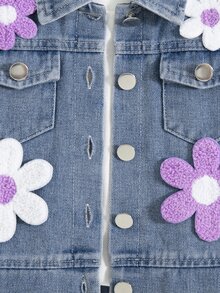 SHEIN Genkimix Kids 1件女款甜美可愛風水洗藍色斜紋織布3D毛巾刺繡白色與紫色對比大花飾領單排扣胸袋開襟長袖短夾克，適中厚度寬鬆版型，適合日常外出、返校、購物、旅行、聚會，春秋穿搭百搭外套 - 藍色 - 查看 7