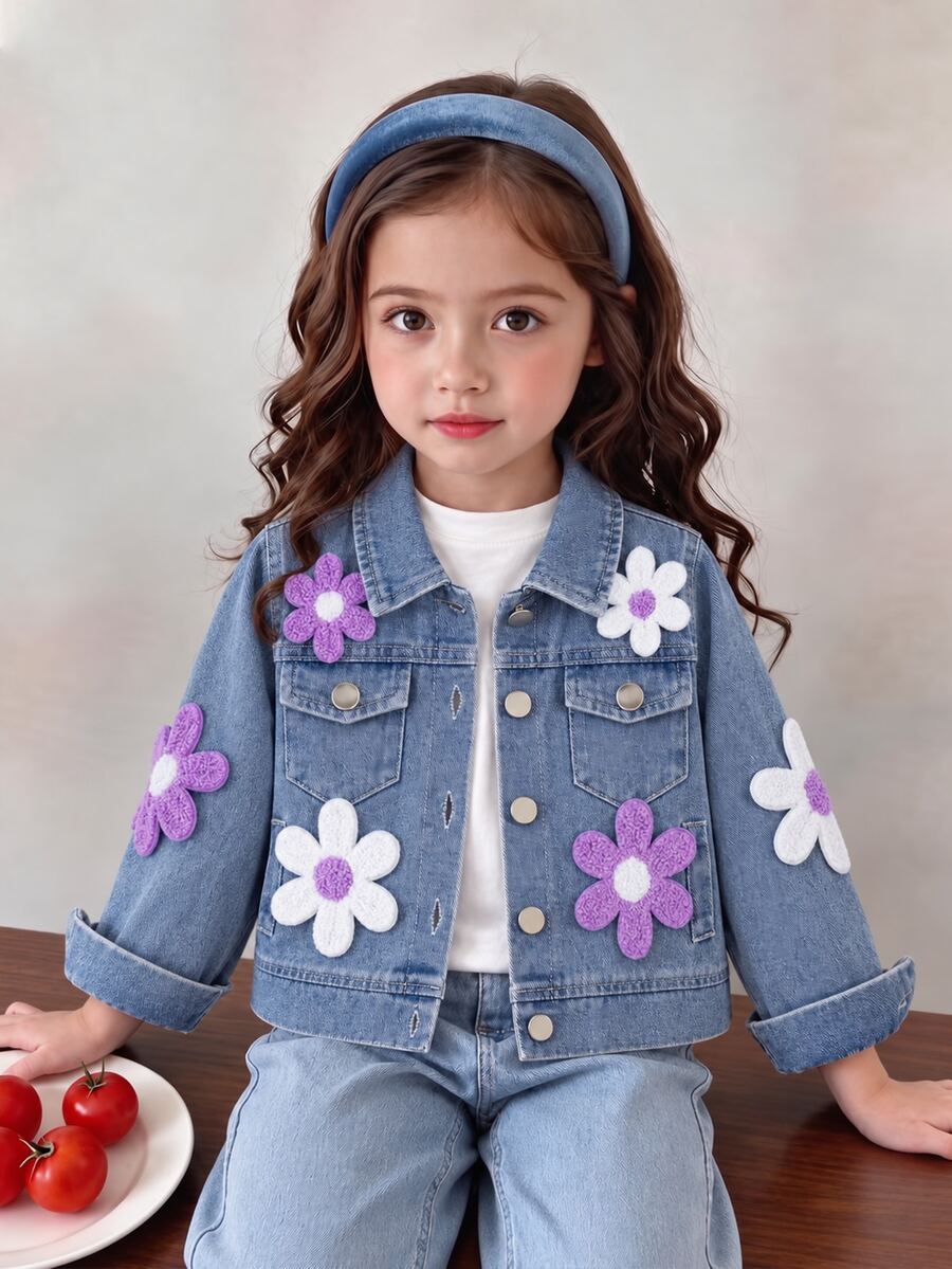 SHEIN Genkimix Kids 1件女款甜美可愛風水洗藍色斜紋織布3D毛巾刺繡白色與紫色對比大花飾領單排扣胸袋開襟長袖短夾克,適中厚度寬鬆版型,適合日常外出、返校、購物、旅行、聚會,春秋穿搭百搭外套 - 藍色 - 查看 1