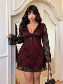 GalTyme Gaun Kasual Liburan Ukuran Besar Model A-Line Motif Jala Bunga Tie-Dye Musim Semi/Panas - Hitam - View 2